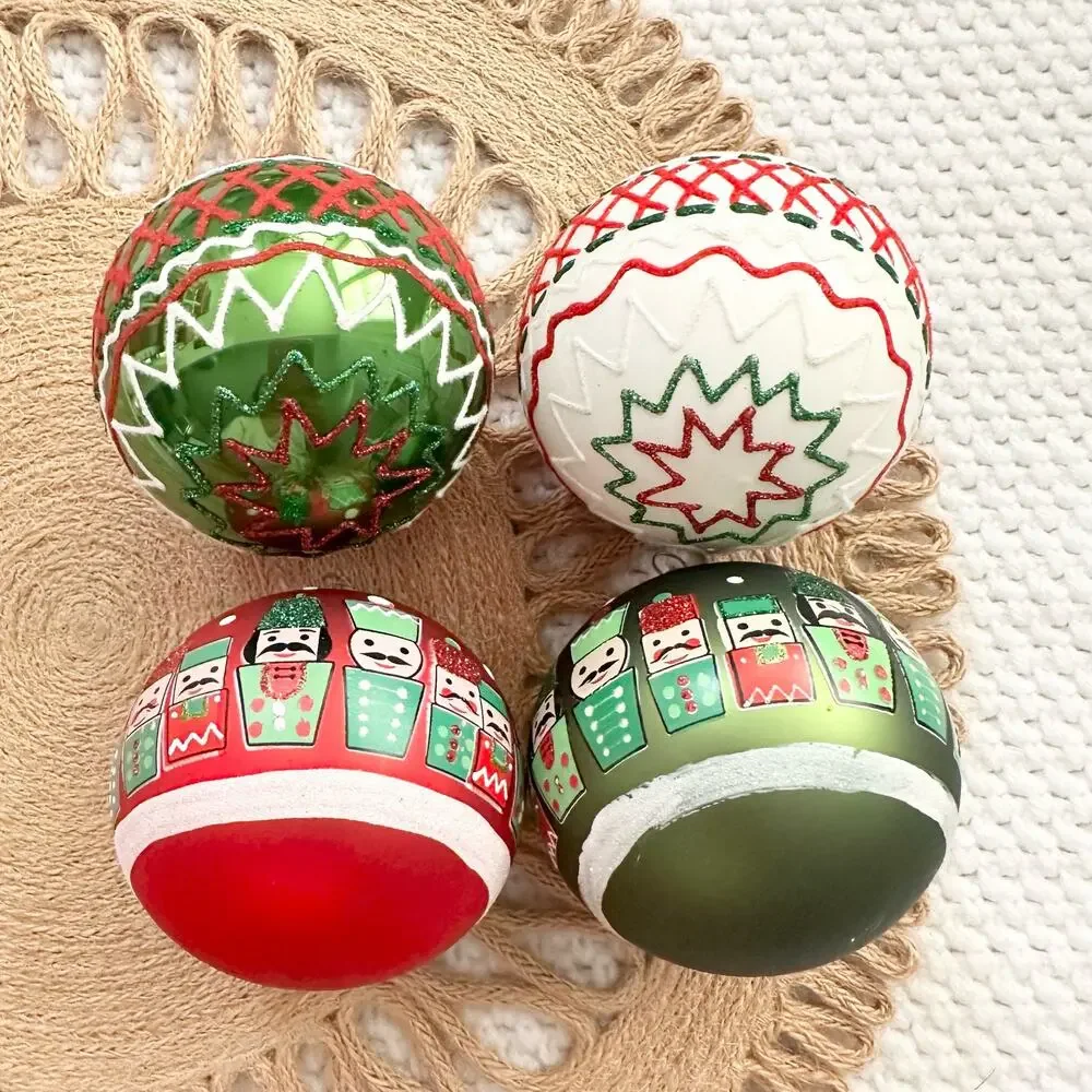 Bundle Lot Large 4 Round Orb Ornaments Red Green Nutcracker Soldier Fair Isle